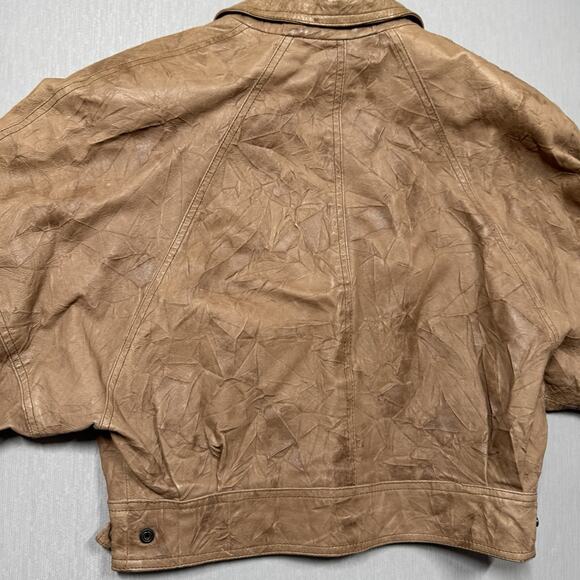 VTG Womens Cropped Distressed Jacket 70s Size S Tan Motorcycle Bomber Dolman - Picture 10 of 14